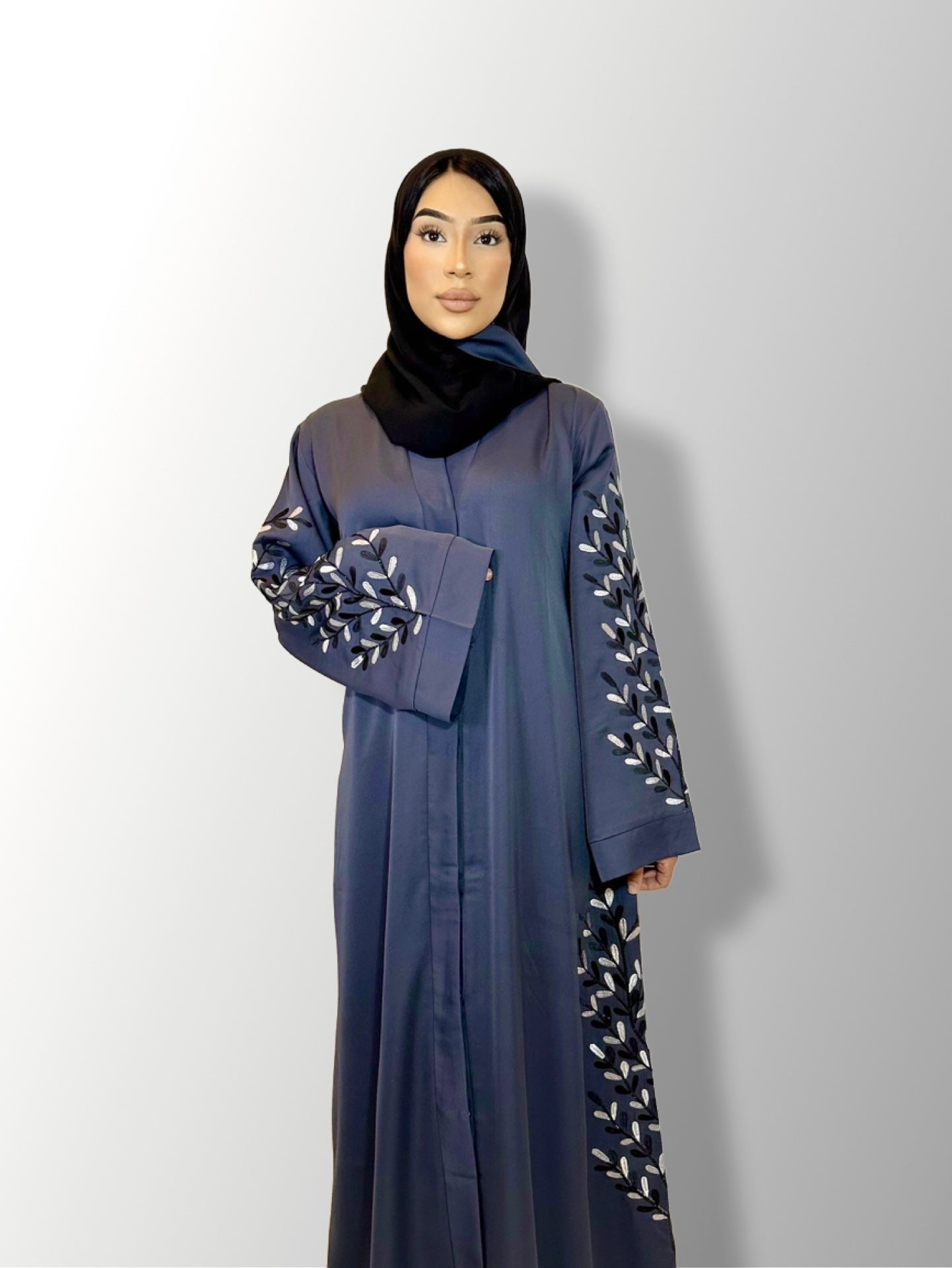 Front Open Embroidered Buttoned Abaya with matching scarf